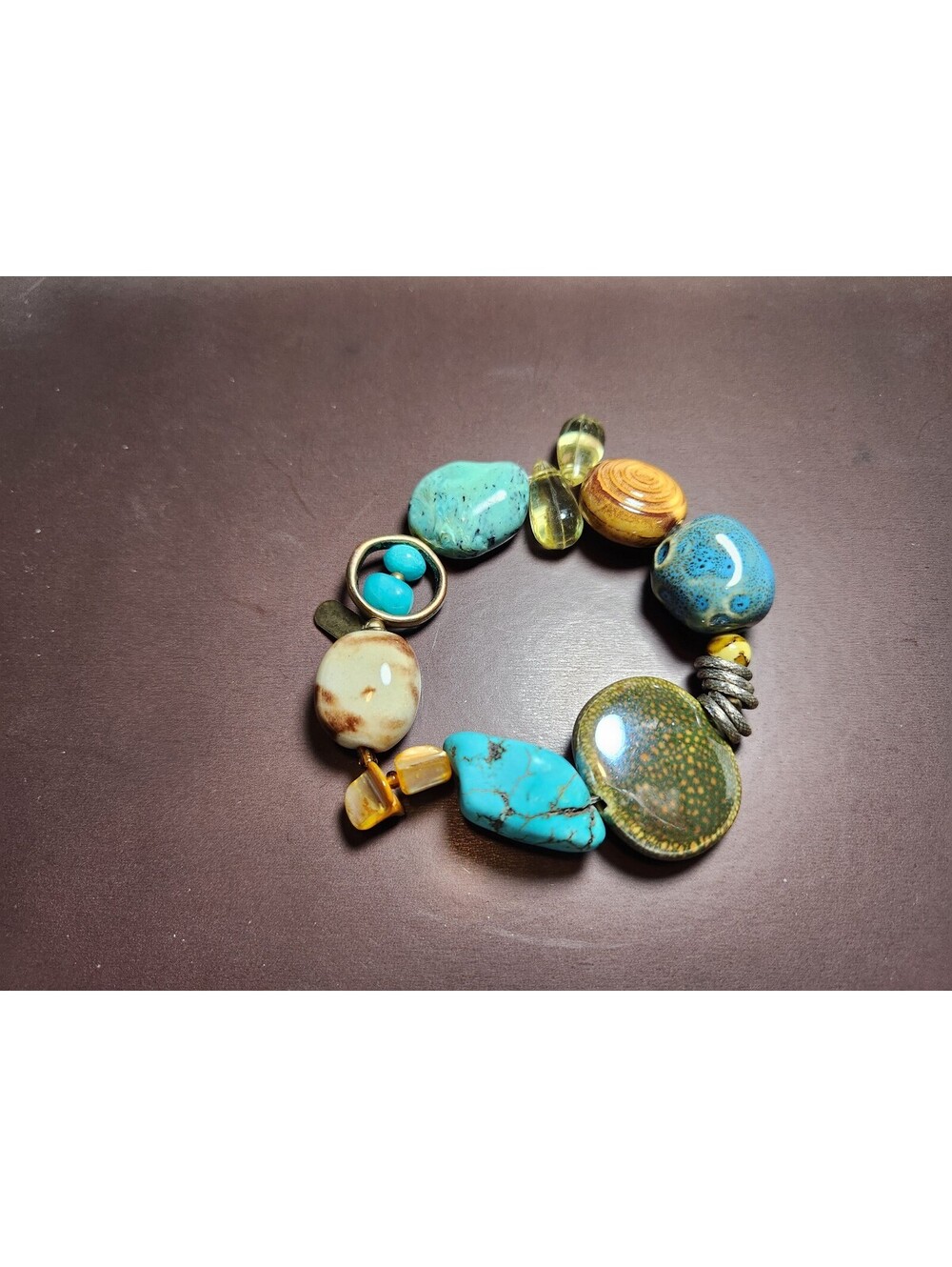 Costume Jewelry Stretch Bracelet with Beads (Turquoise, Amber, Olive))